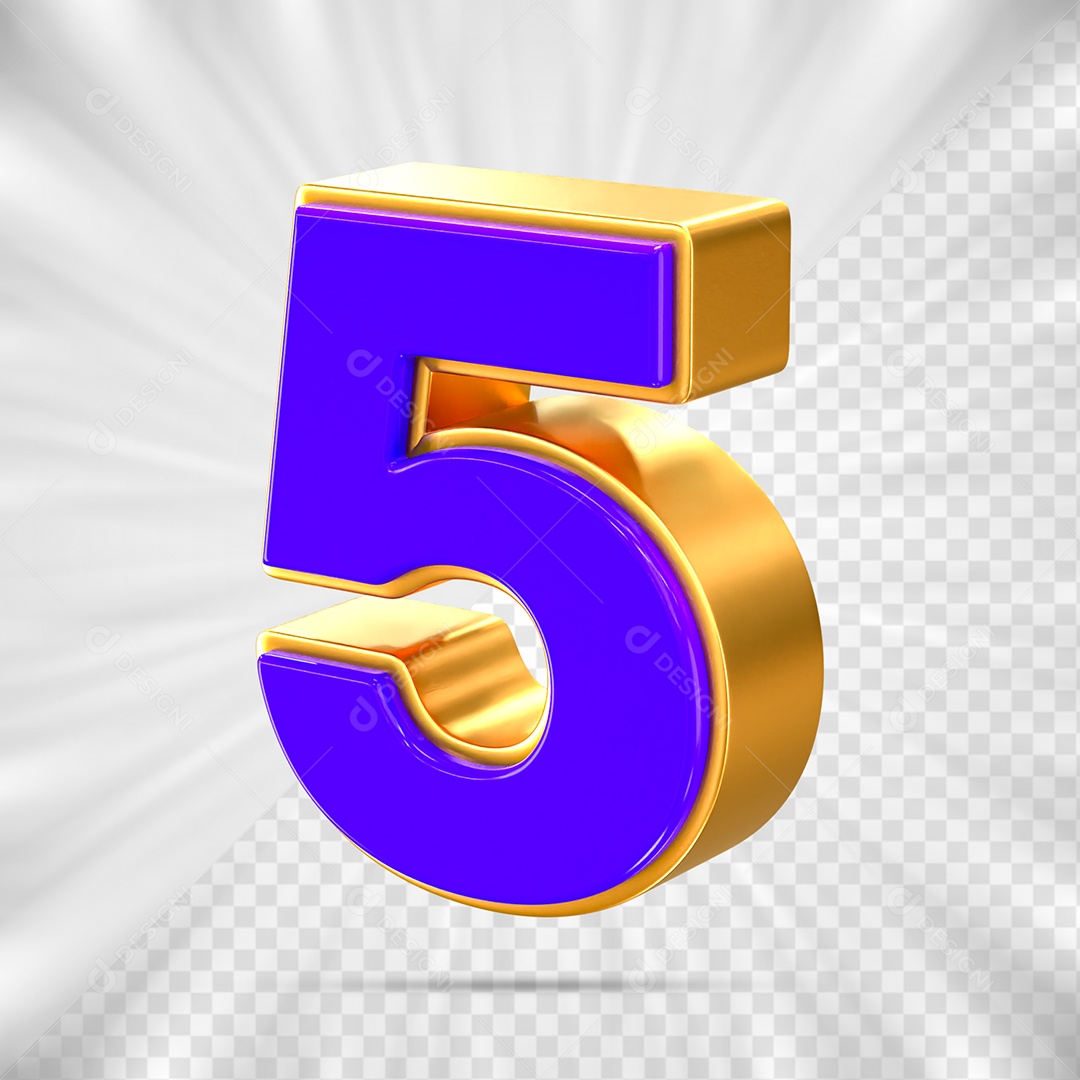 Elemento 3D Número 5 Azul e Dourado para Composição PSD