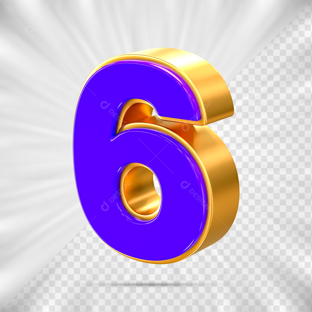 Elemento 3D Número 6 Azul e Dourado para Composição PSD
