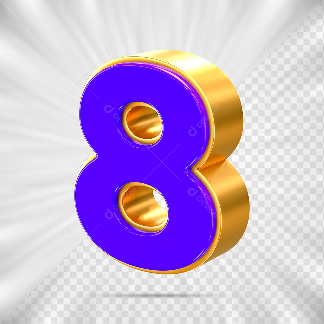 Elemento 3D Número 8 Azul e Dourado para Composição PSD