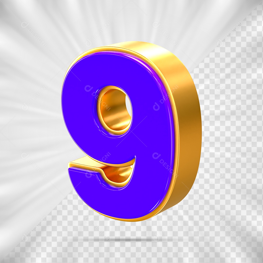 Elemento 3D Número 9 Dourado para Composição PSD