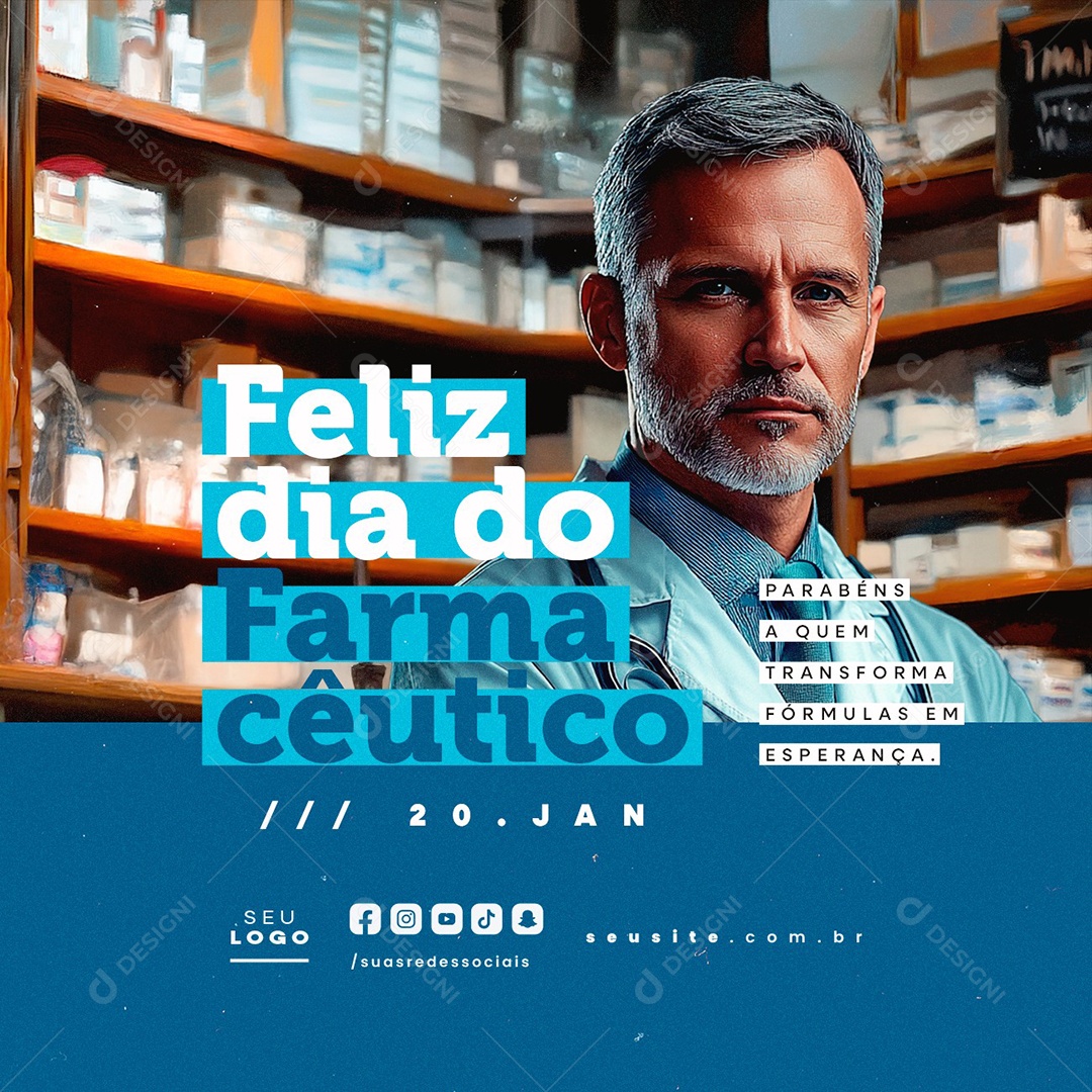 Feliz Dia do Farmacêutico 20 de Janeiro Parabéns Social Media PSD Editável