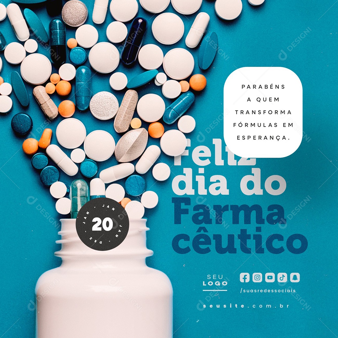 Feliz Dia do Farmacêutico 20 de Janeiro Parabéns Social Media PSD Editável