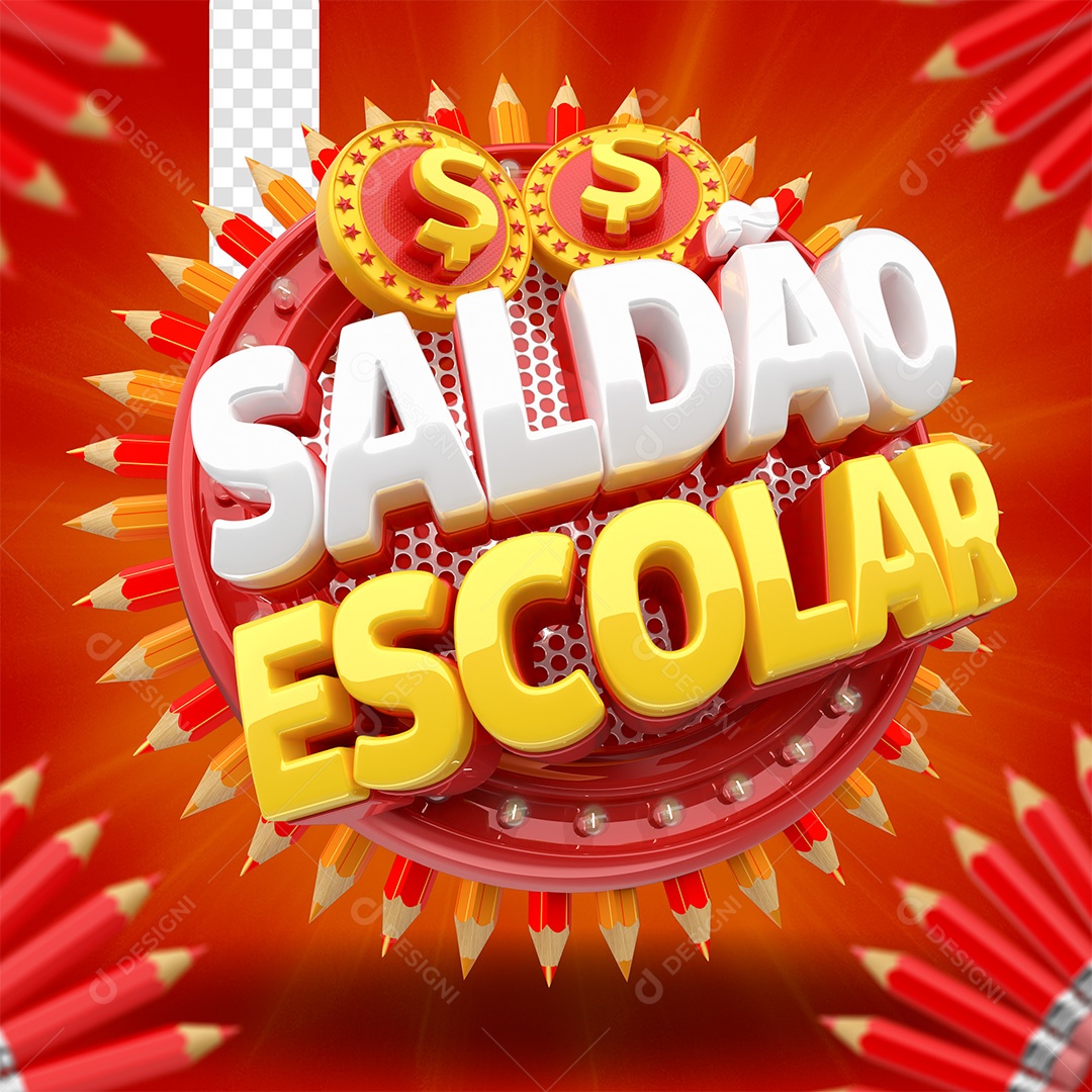 Saldão Escolar Selo 3D Branco e Amarelo para Composição PSD