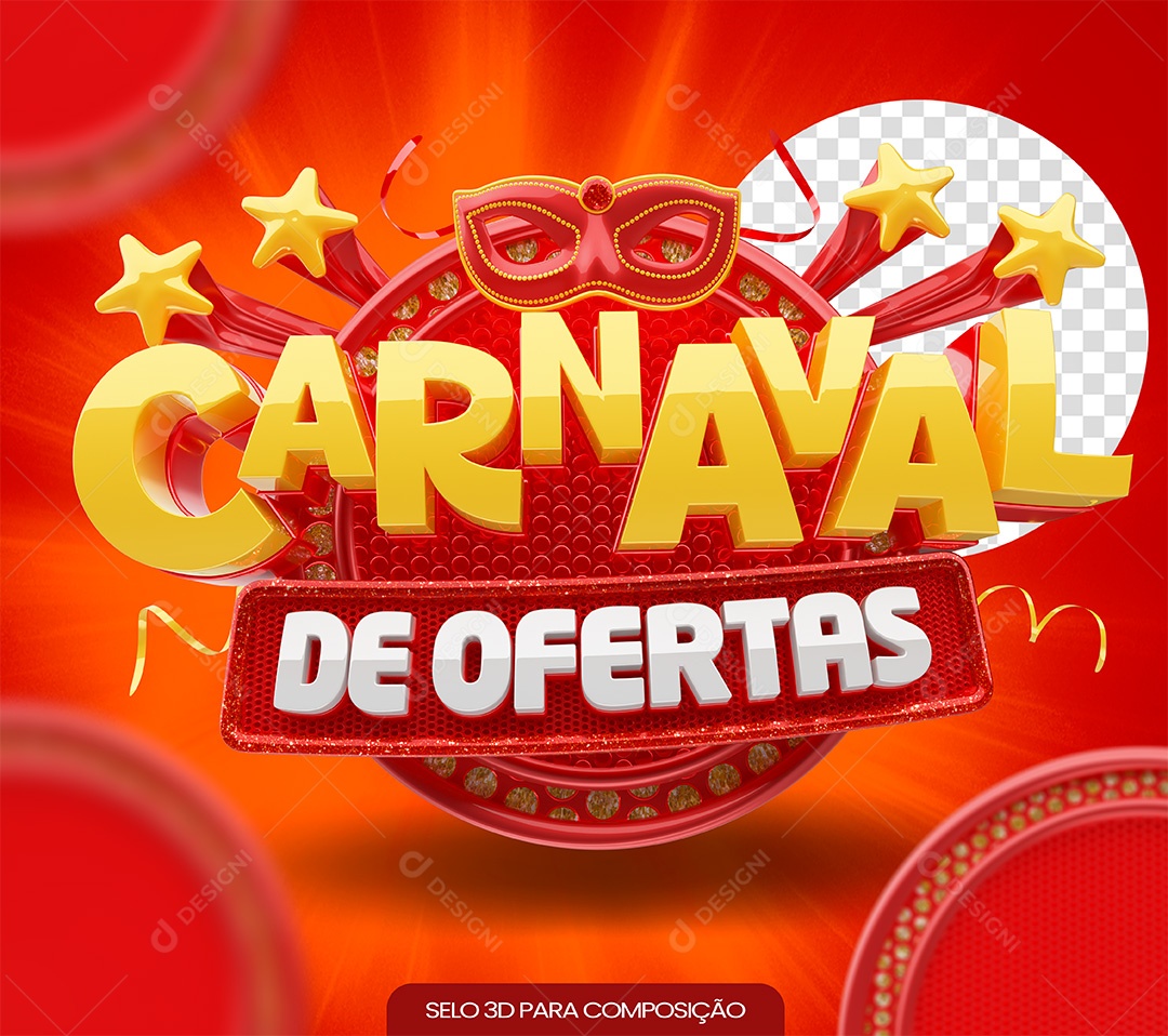 Carnaval de Ofertas Selo 3D Dourado e Vermelho para Composição PSD