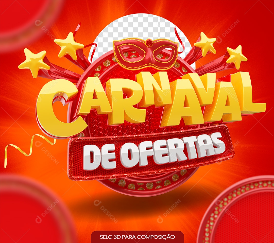 Carnaval de Ofertas Selo 3D Dourado e Vermelho para Composição PSD