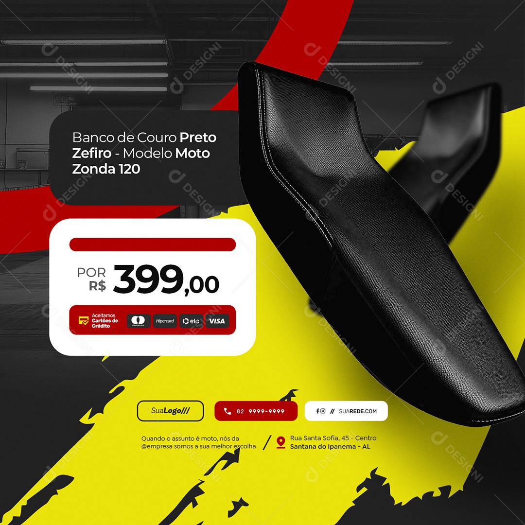 Oficina de Motos Venda Acessórios Banco de Couro Preto Social Media PSD Editável