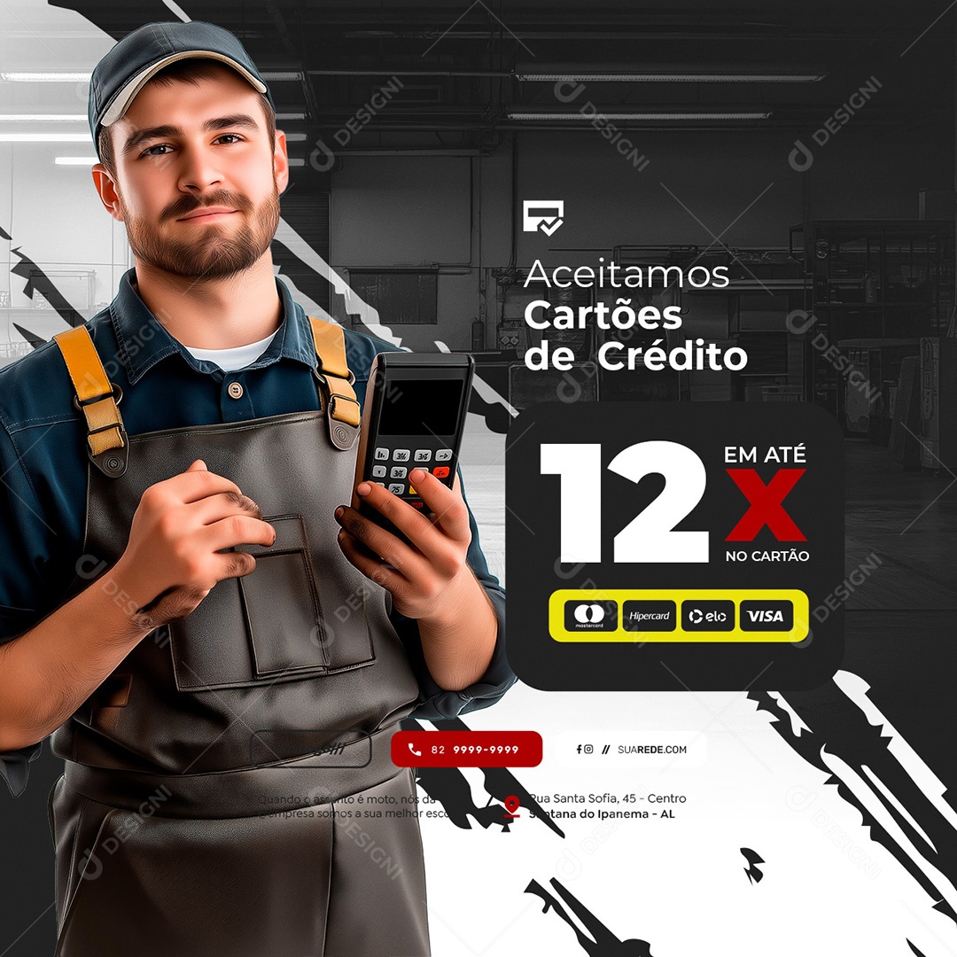 Oficina de Motos Venda Acessórios Aceitamos Cartões de Crédito Social Media PSD Editável