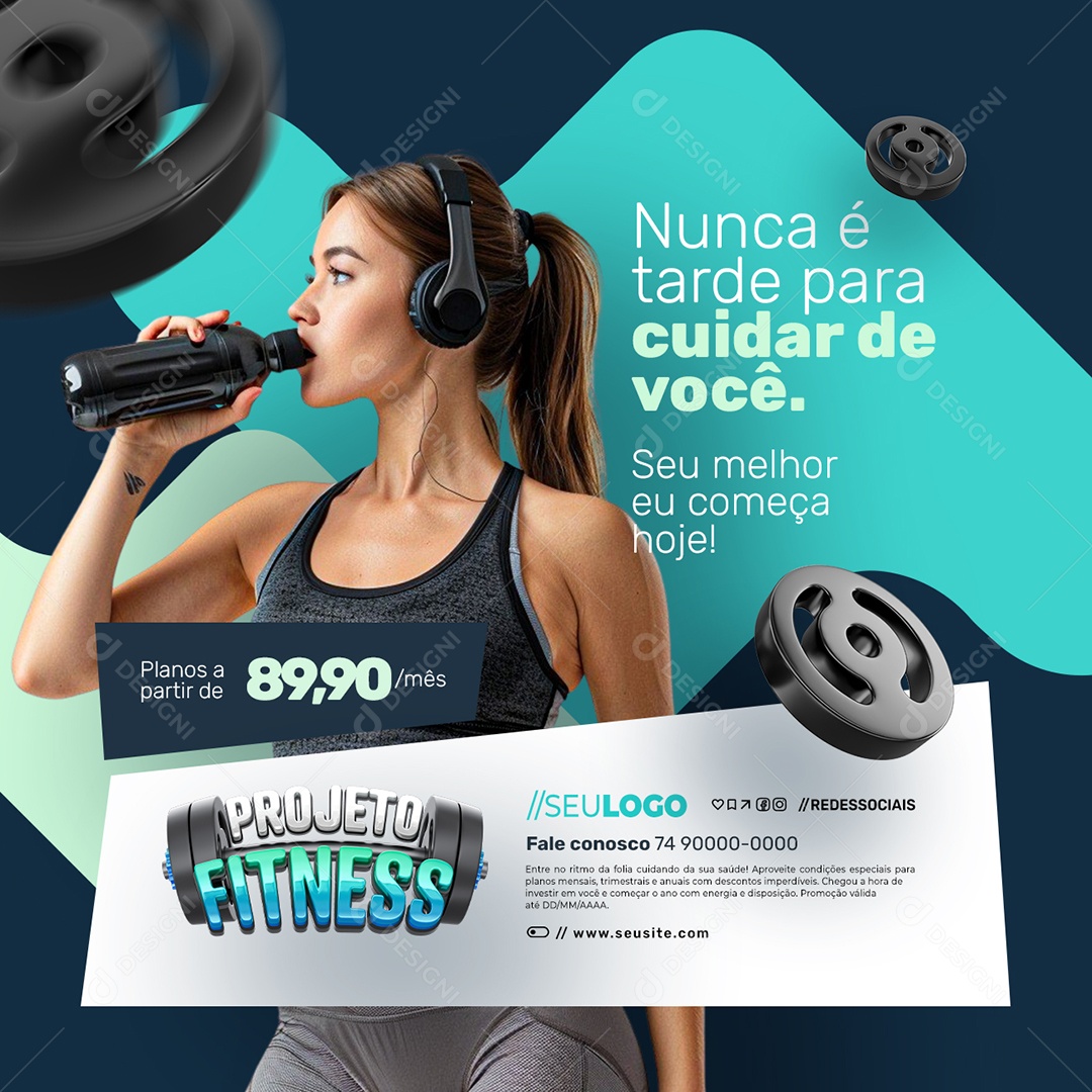 Projeto Fitness Academia Nunca é Tarde para Cuidar de Você Social Media PSD Editável