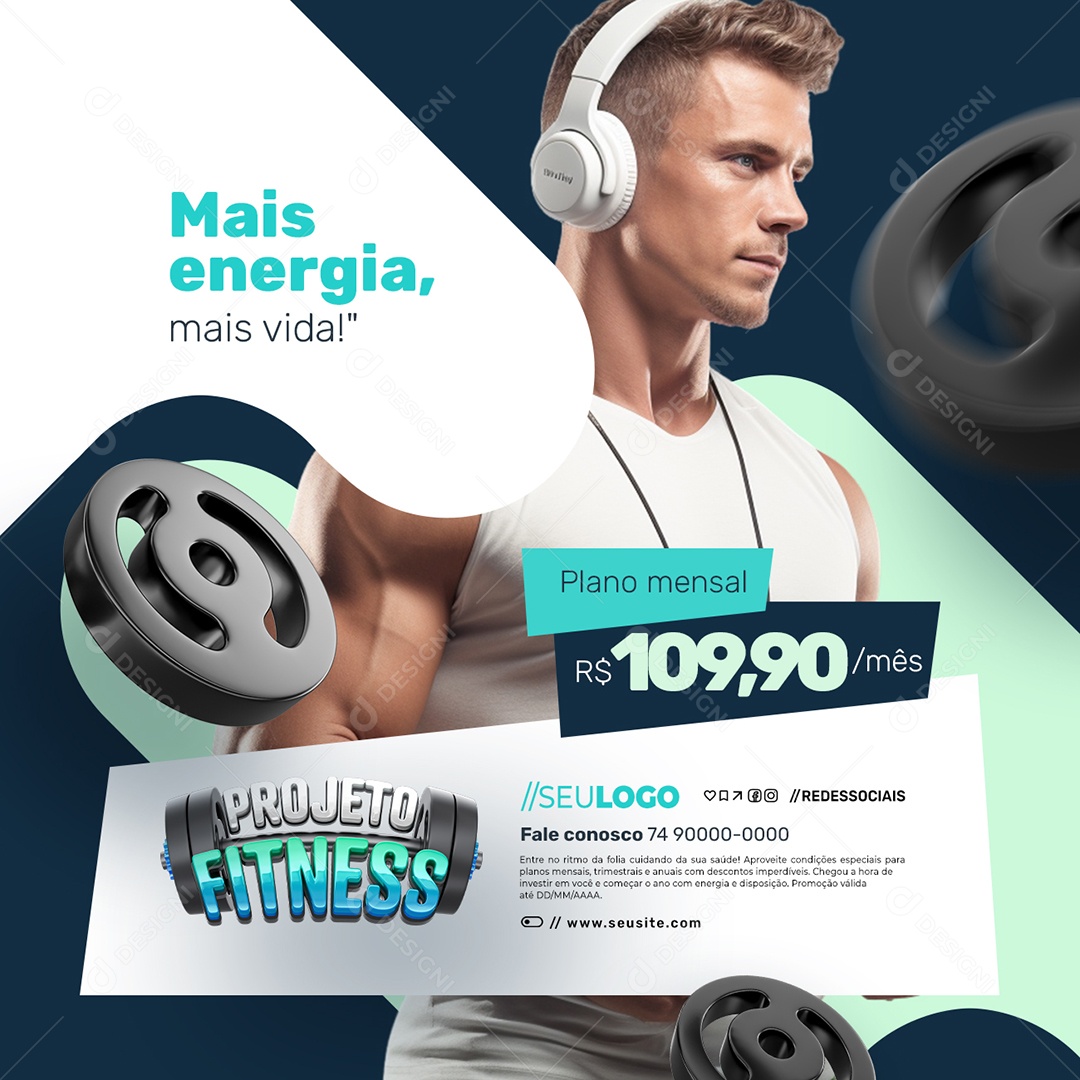 Projeto Fitness Academia Mais Energia Social Media PSD Editável