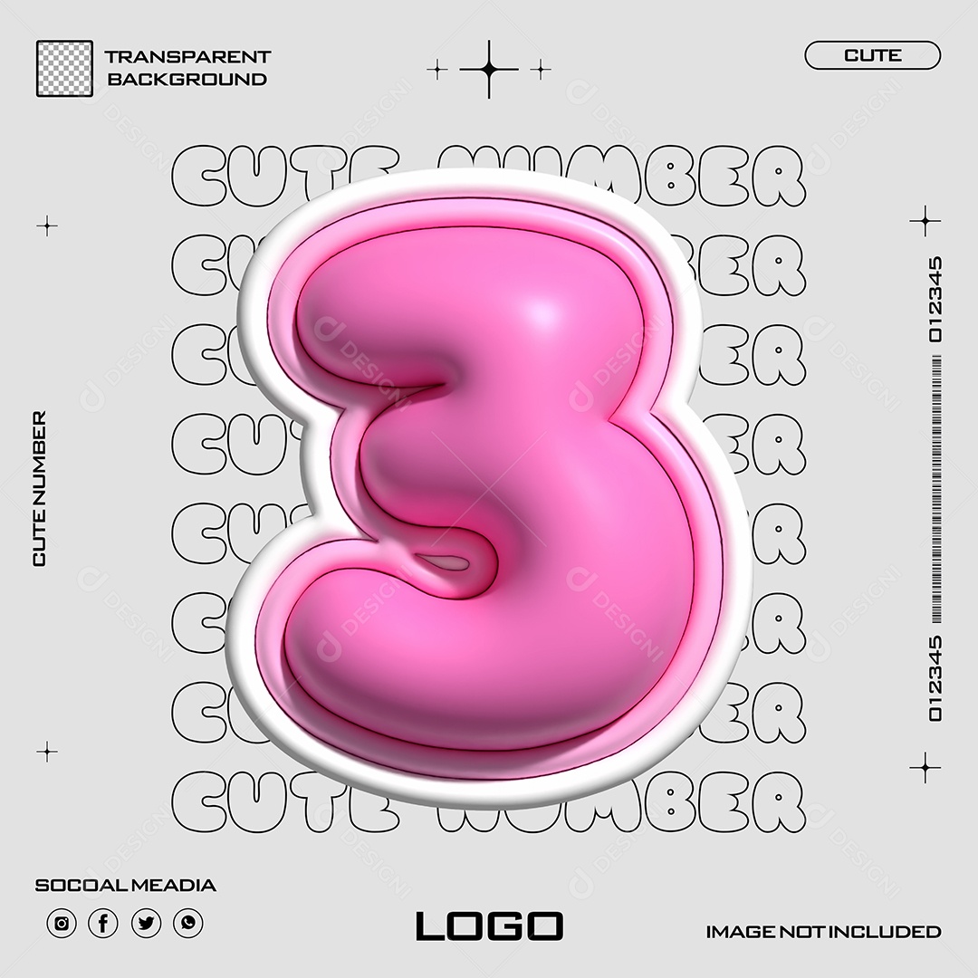 Elemento 3D Número 3 Rosa para Composição PSD