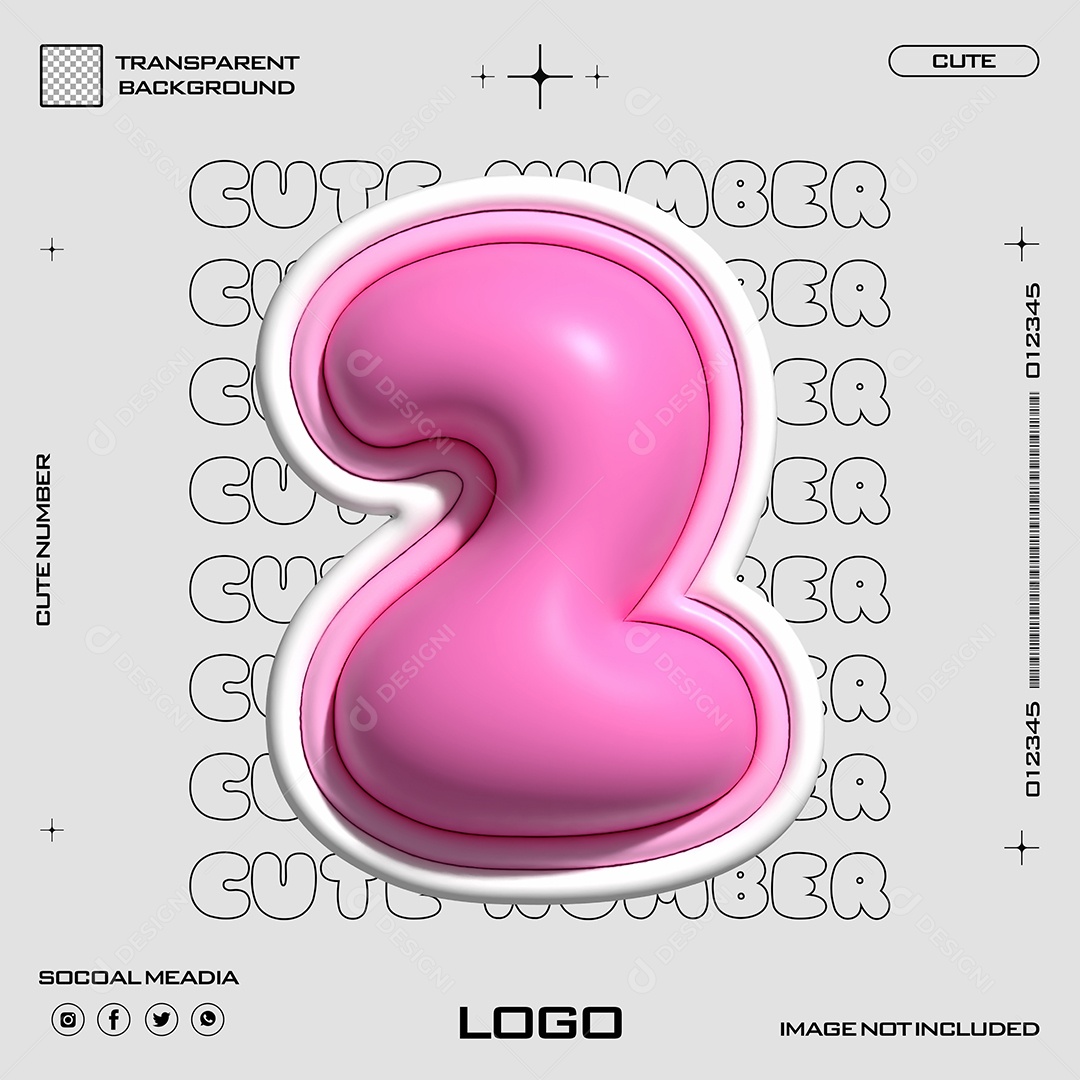 Elemento 3D Número 2 Rosa para Composição PSD