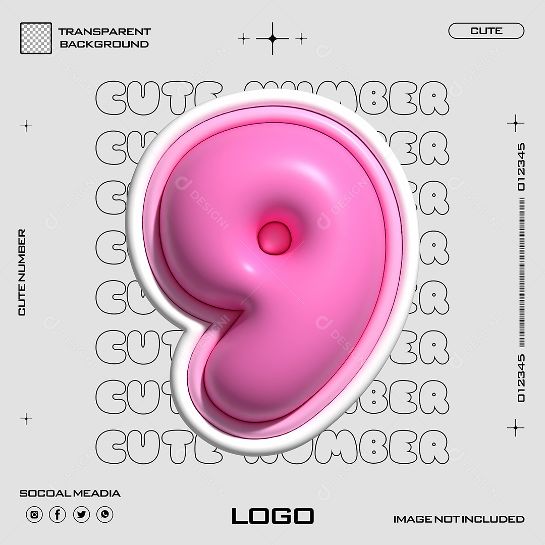 Elemento 3D Número 9 Rosa para Composição PSD