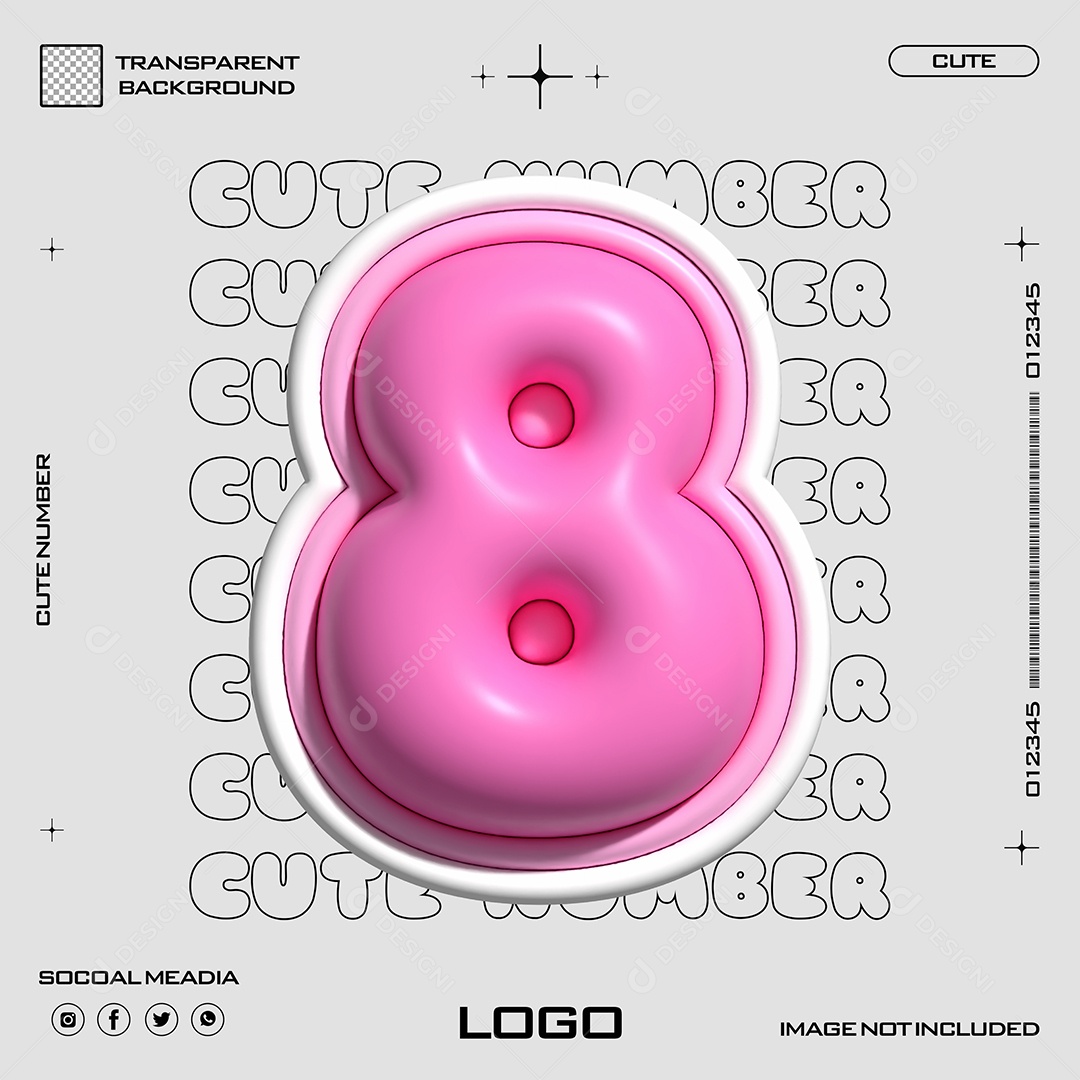 Elemento 3D Número 8 Rosa para Composição PSD