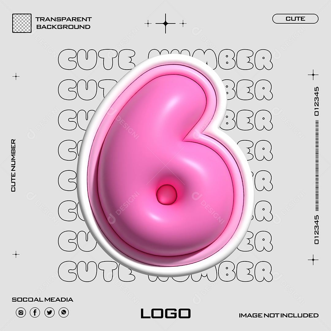 Elemento 3D Número 6 Rosa para Composição PSD