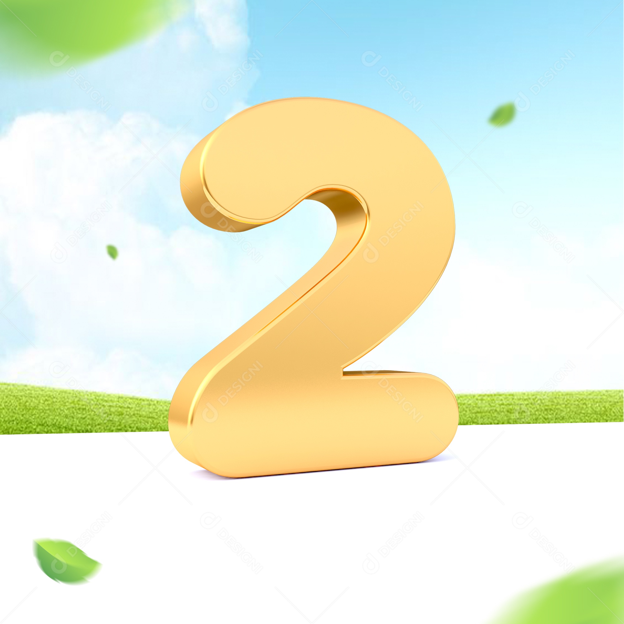 Elemento 3D Número 2 Dourado para Composição PSD