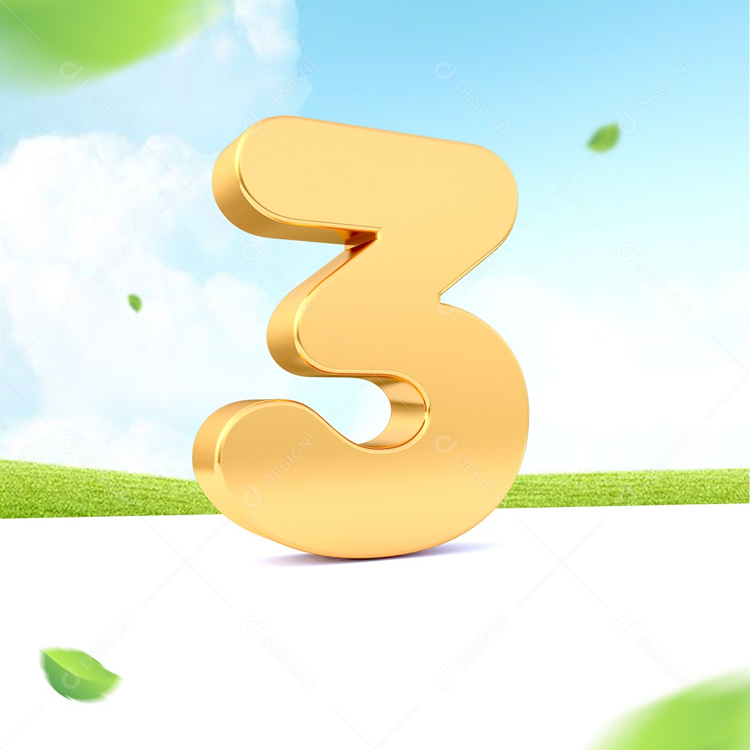 Elemento 3D Número 3 Dourado para Composição PSD
