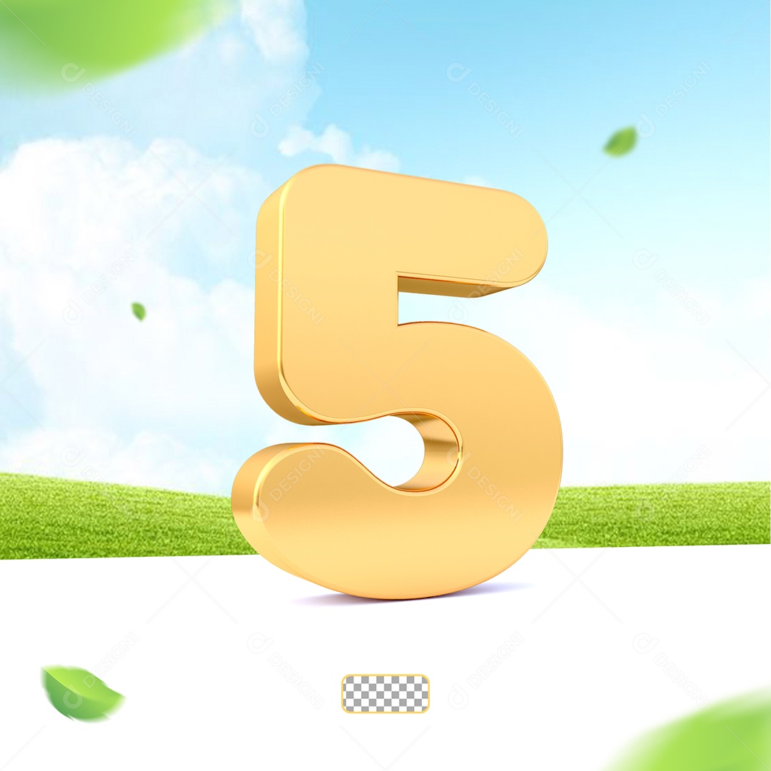 Elemento 3D Número 5 Dourado para Composição PSD