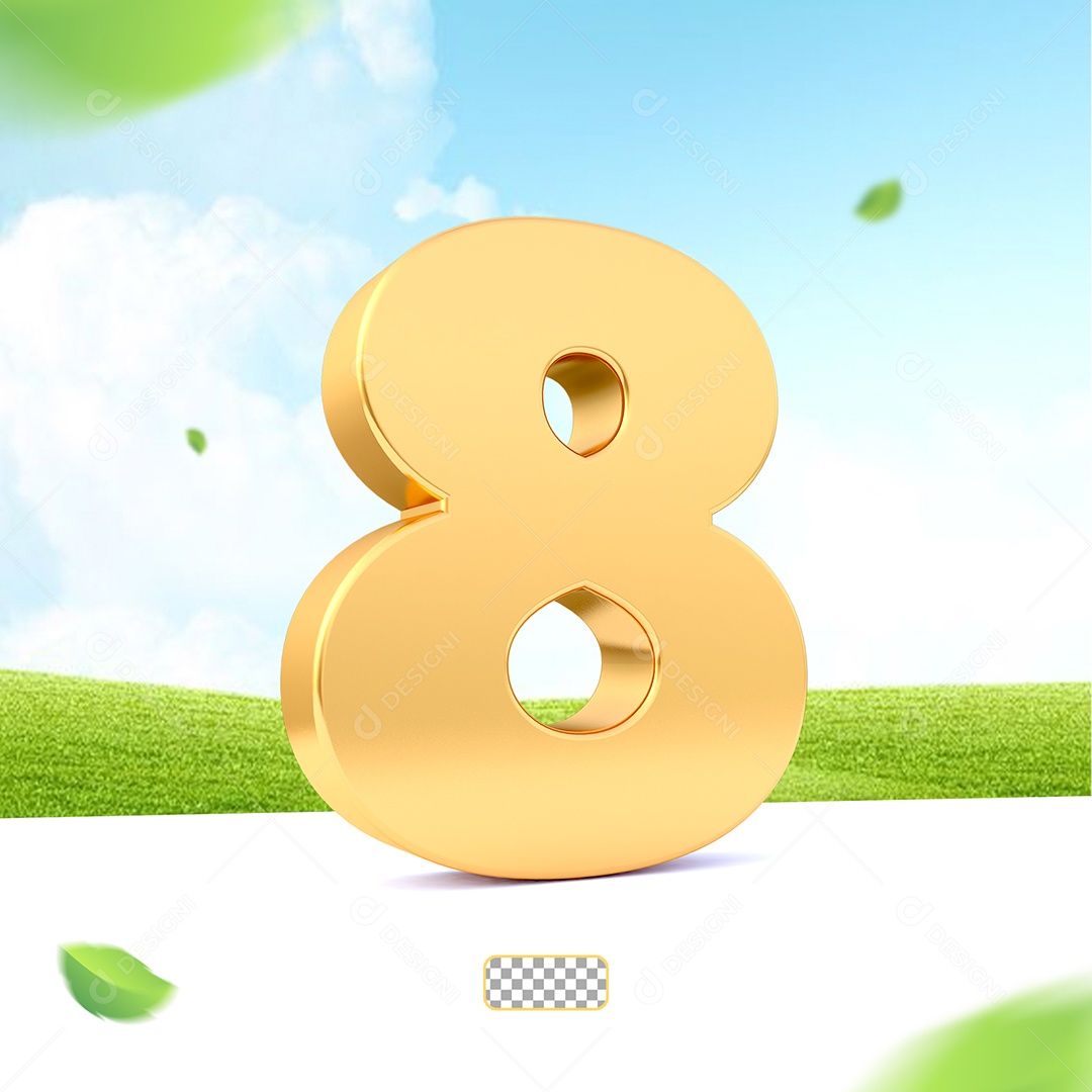 Elemento 3D Número 8 Dourado para Composição PSD