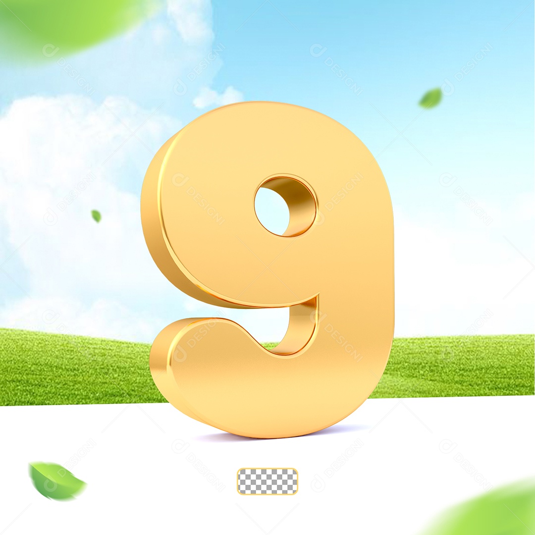 Elemento 3D Número 9 Dourado para Composição PSD
