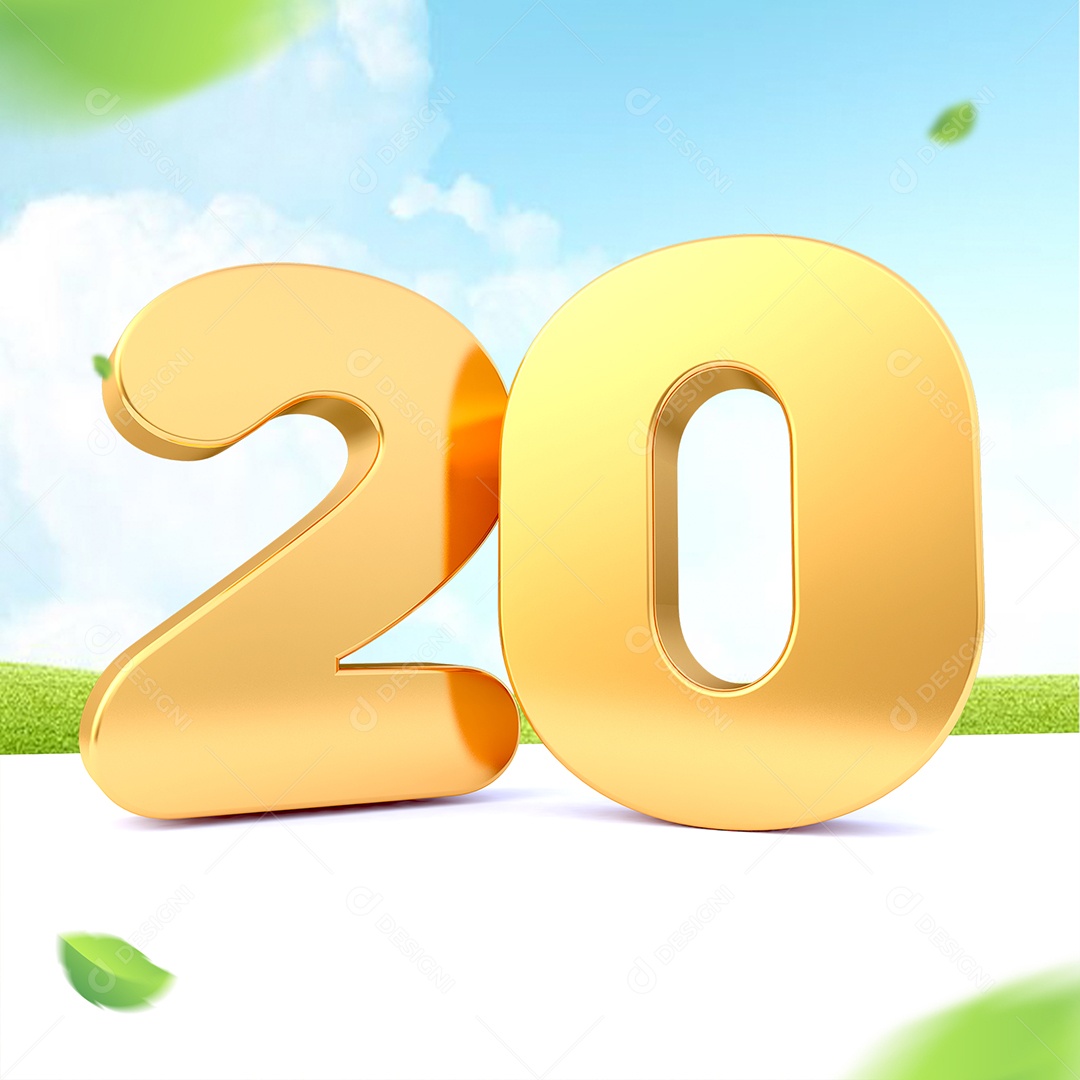 Elemento 3D Número 20 Dourado para Composição PSD