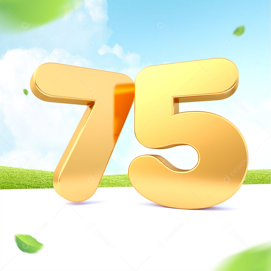 Elemento 3D Número 75 Dourado para Composição PSD
