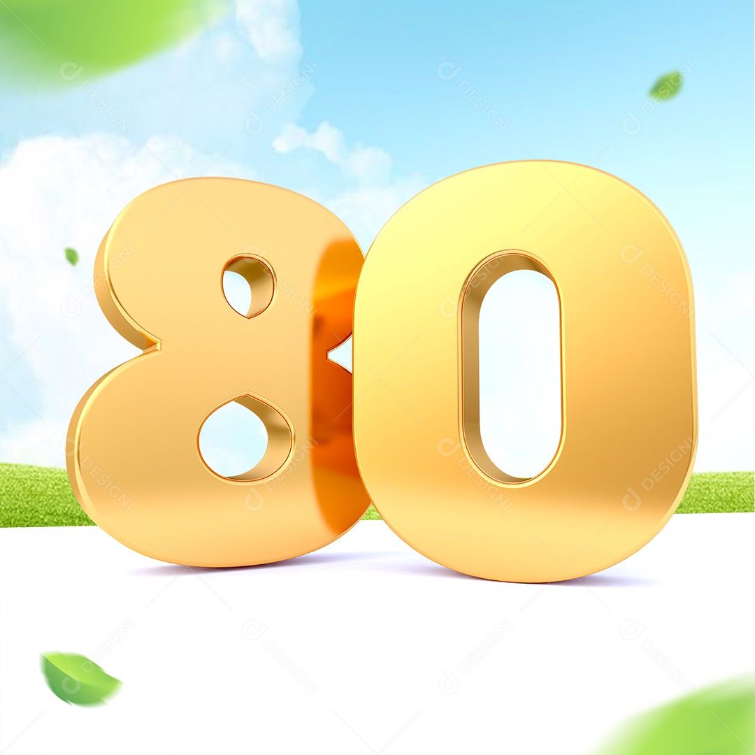 Elemento 3D Número 80 Dourado para Composição PSD