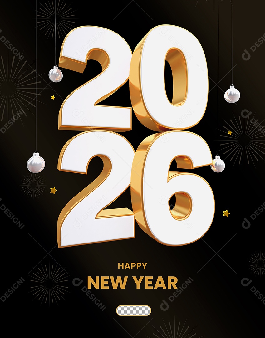 Número 2026 Dourado e Branco de Ano Novo Elemento 3D para Composição PSD