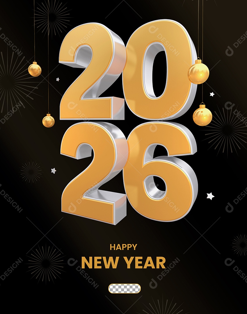 Número 2026 Dourado de Ano Novo Elemento 3D para Composição PSD