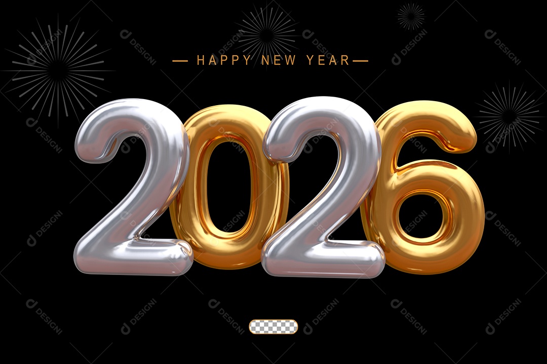 Número 2026 Dourado e Prata de Ano Novo Elemento 3D para Composição PSD