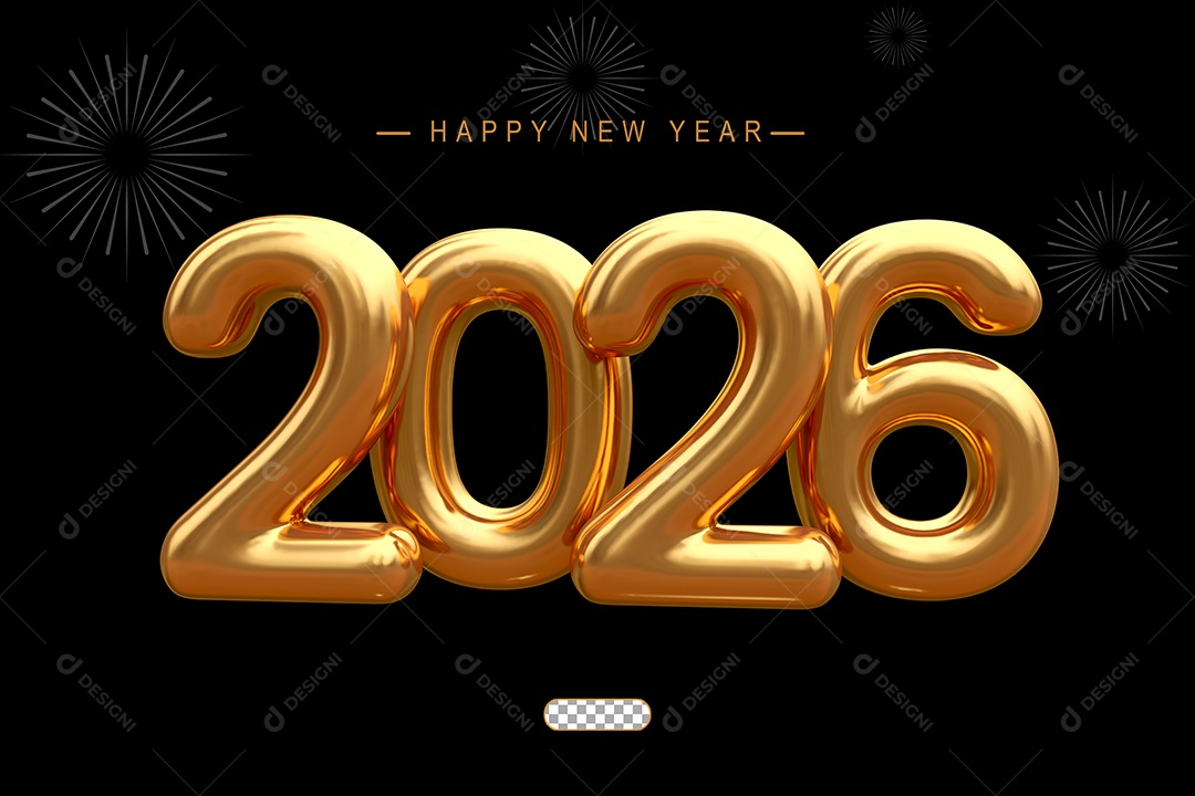 Número 2026 Dourado de Ano Novo Elemento 3D para Composição PSD