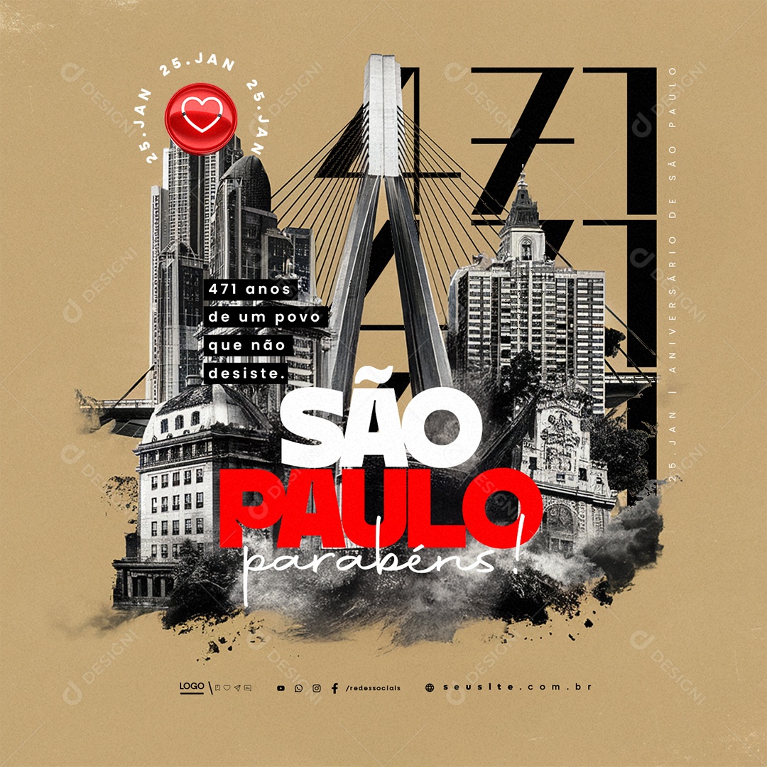 Aniversário São Paulo 25 de Janeiro Parabéns Social Media PSD Editável