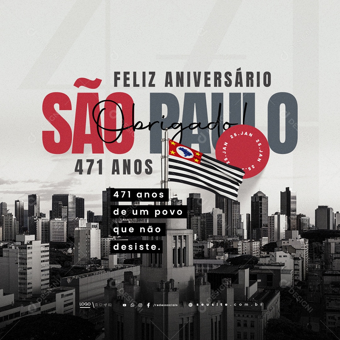 Feliz Aniversário São Paulo 25 de Janeiro Obrigado Social Media PSD Editável