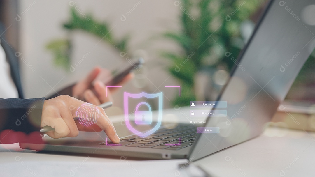 Mão de empresário mechendo em leptop com tecnologia avançada sobre fundo desfocado