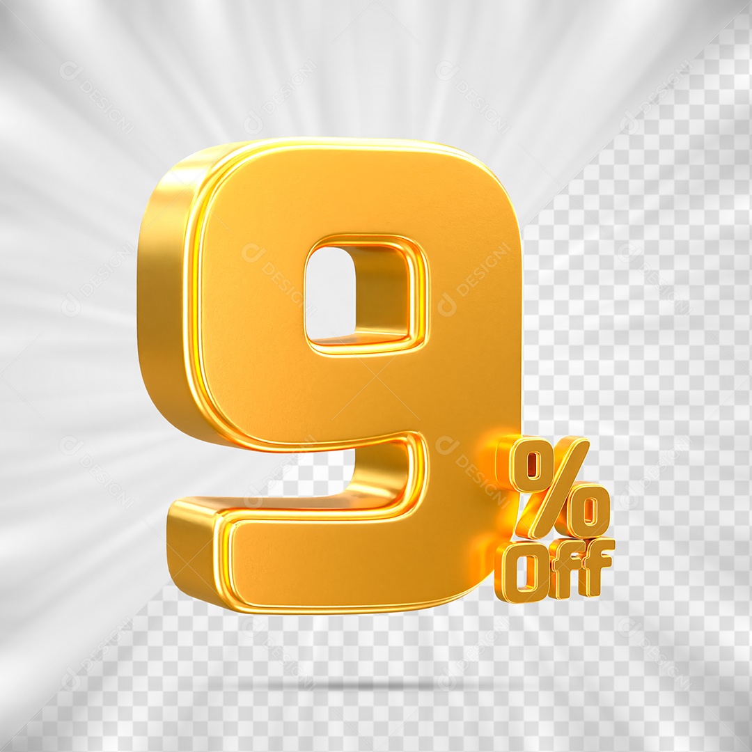 Número de Desconto 9% Off Elemento 3D para Composição PSD