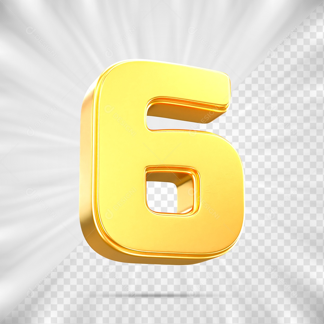 Número 6 Dourado Elemento 3D para Composição PSD