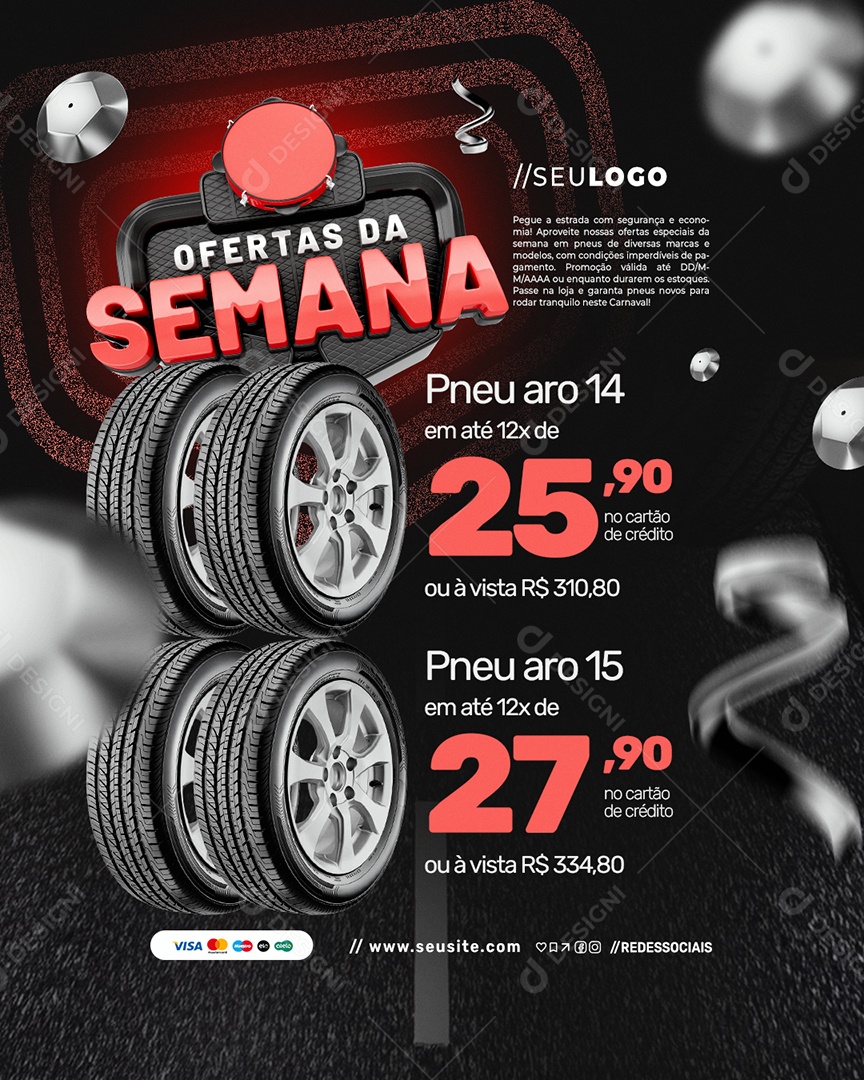 Loja de Pneus Ofertas Da Semana Encarte Pneu Aro Social Media PSD Editável