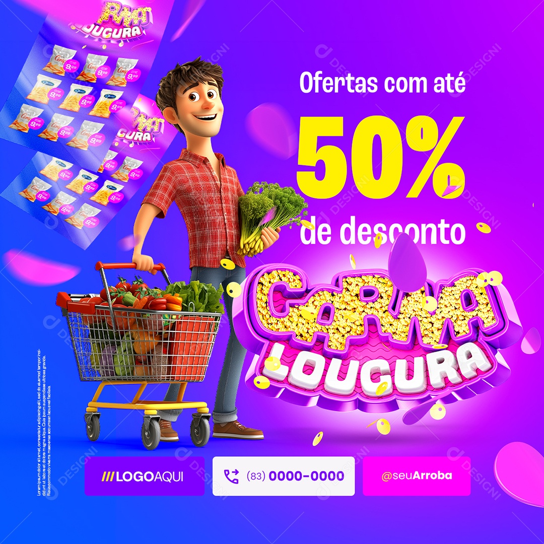 Supermercado Carna Loucura Ofertas com Até 50% de Desconto Social Media PSD Editável