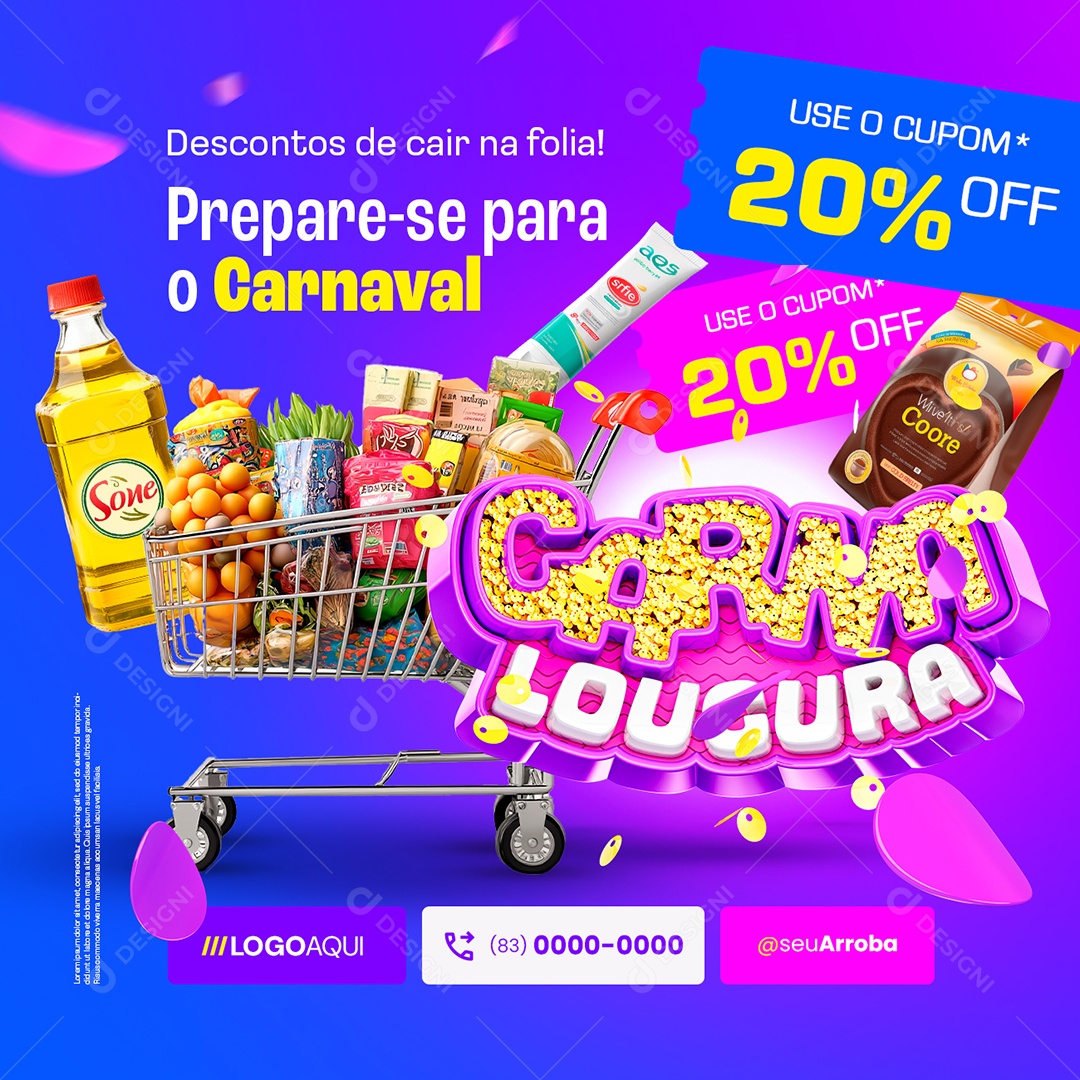 Supermercado Carna Loucura Descontos de Cair na Folia Social Media PSD Editável