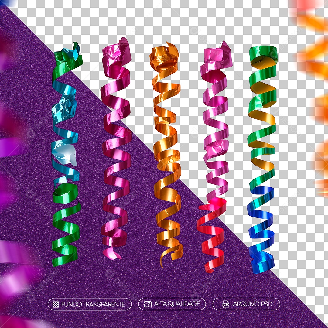 Serpentina Colorida de Carnaval Elemento 3D Para Composição PSD
