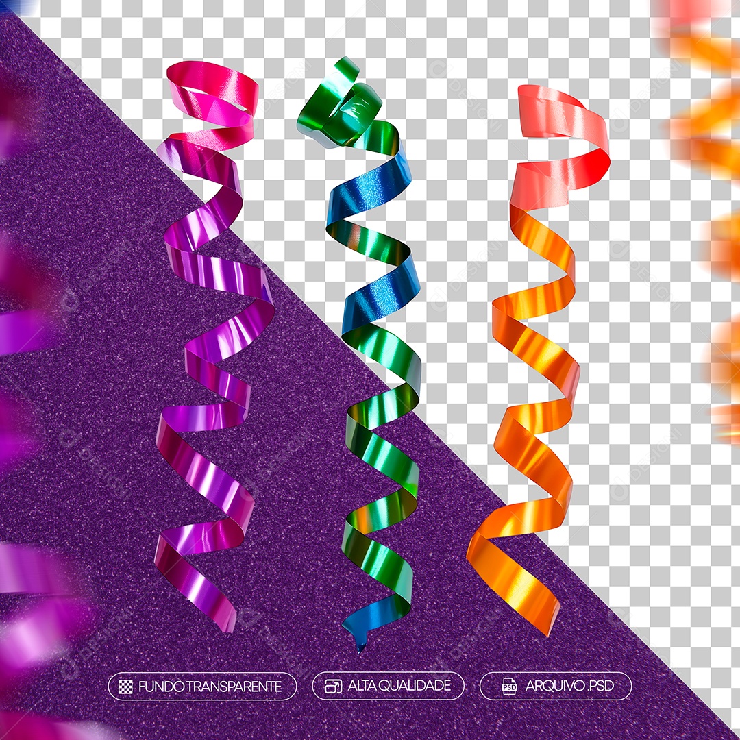Serpentina Colorida de Carnaval Elemento 3D Para Composição PSD