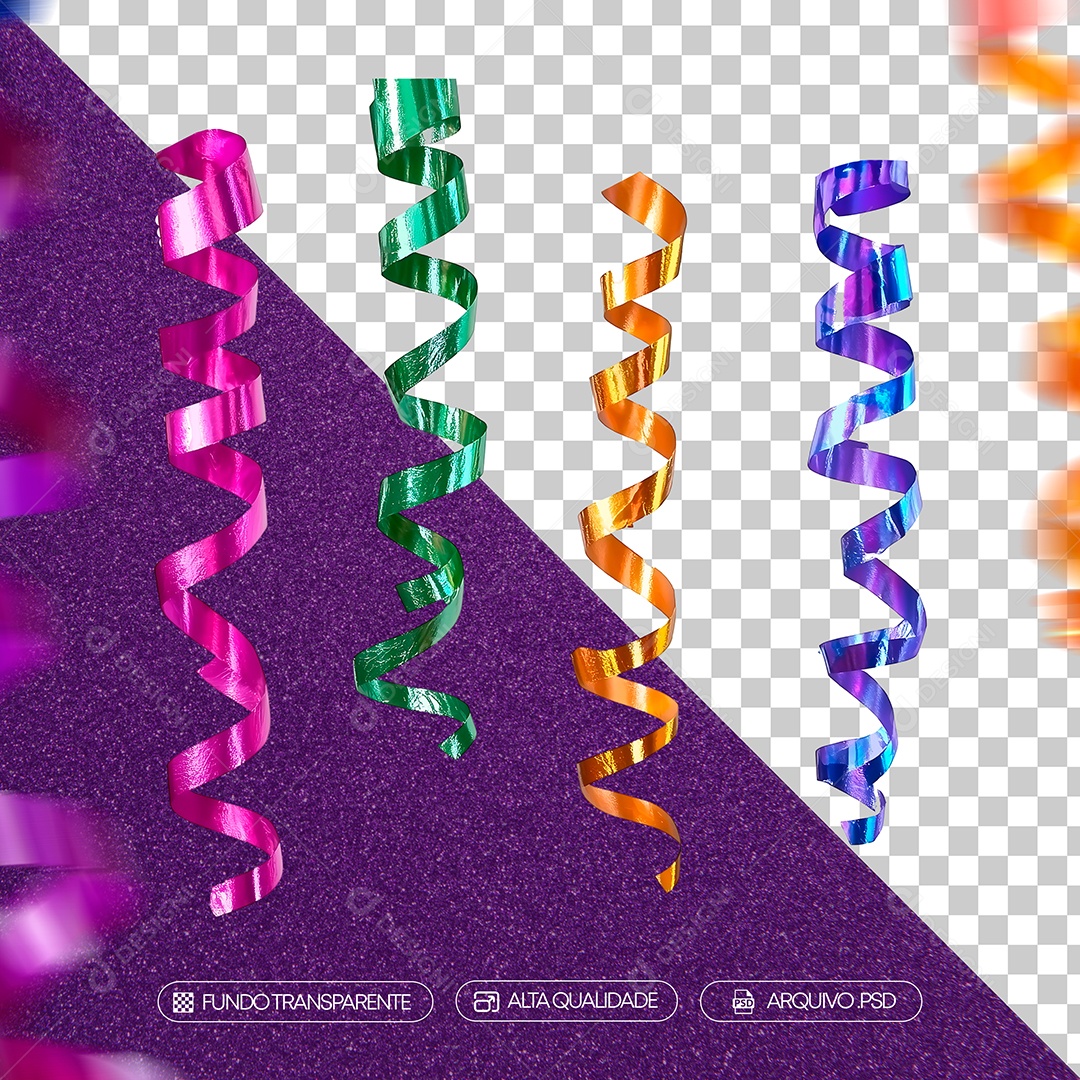 Serpentina Colorida de Carnaval Elemento 3D Para Composição PSD