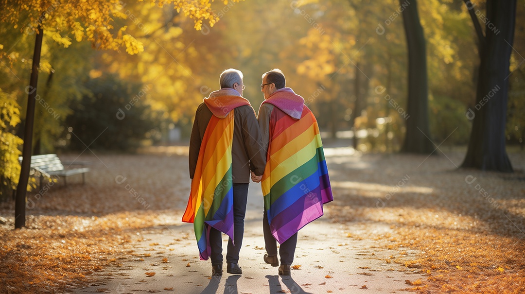 Casal gay abraçando a bandeira do arco-íris lgbt ao ar livre
