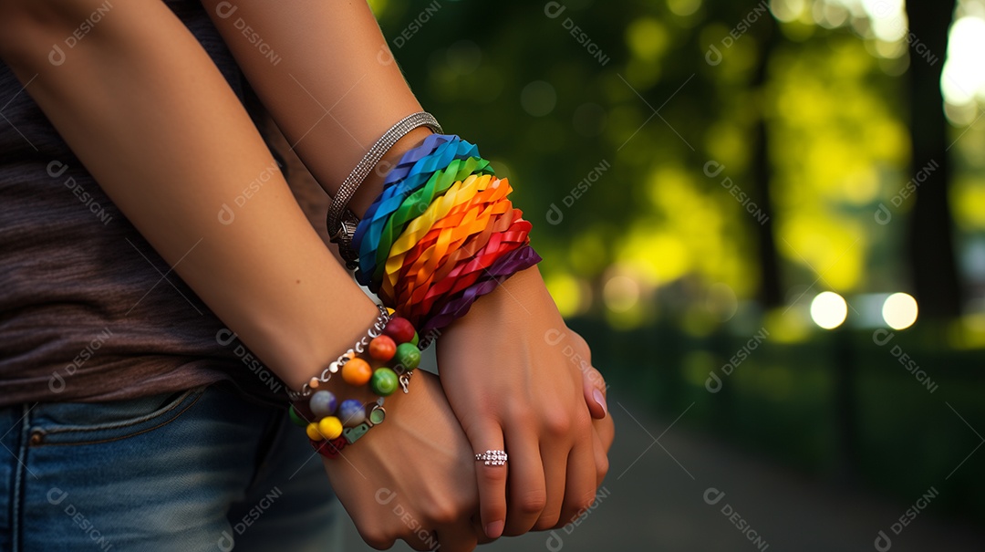 Casal de lésbicas de mãos dadas com pulseiras lgbt coloridas