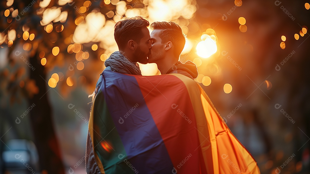 Casal gay abraçando ao ar livre a bandeira do arco-íris lgbt