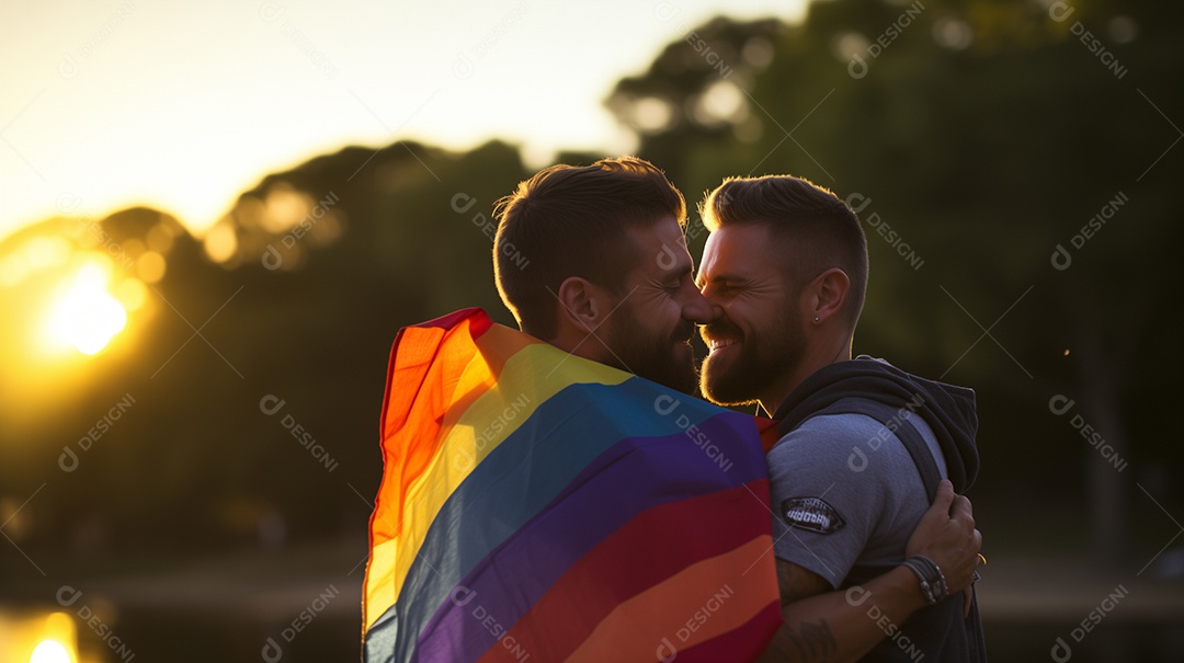 Casal gay abraçando a bandeira do arco-íris lgbt ao ar livre