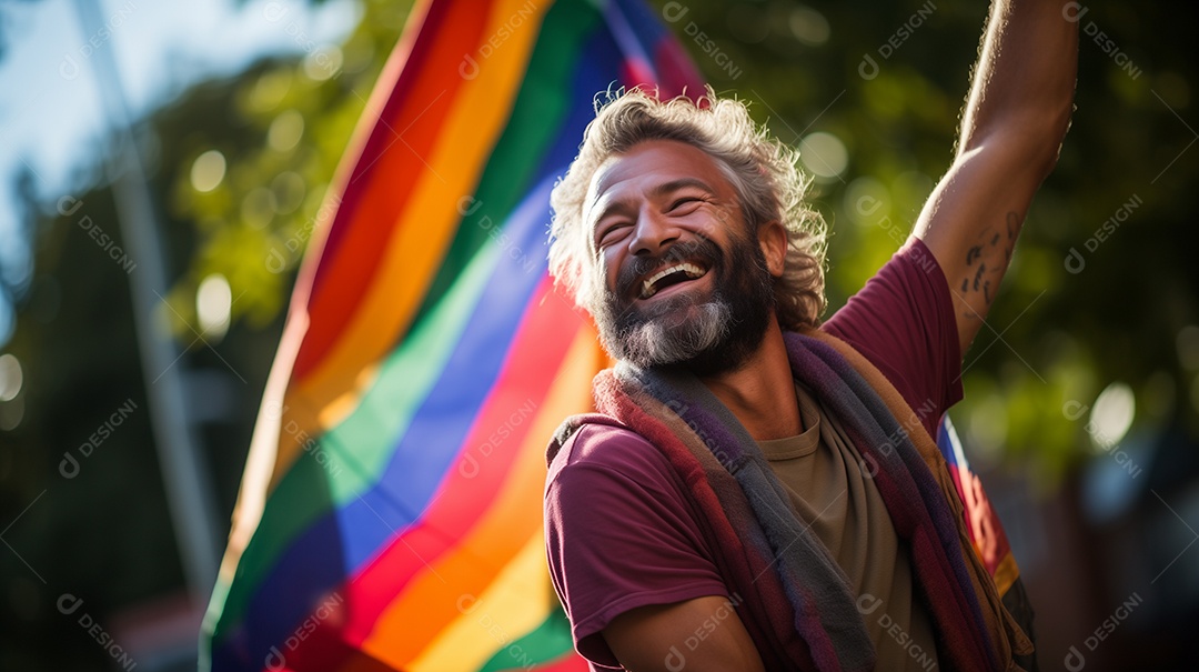 Homem maduro gay feliz com bandeira lgbt colorida