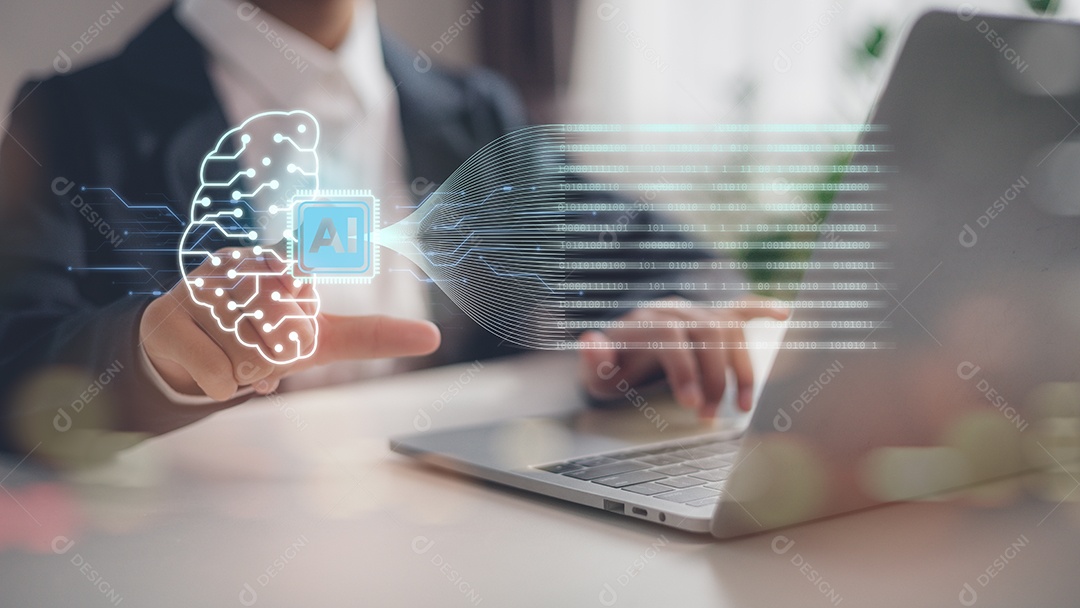 Mão de empresário mechendo em leptop com tecnologia avançada sobre fundo desfocado