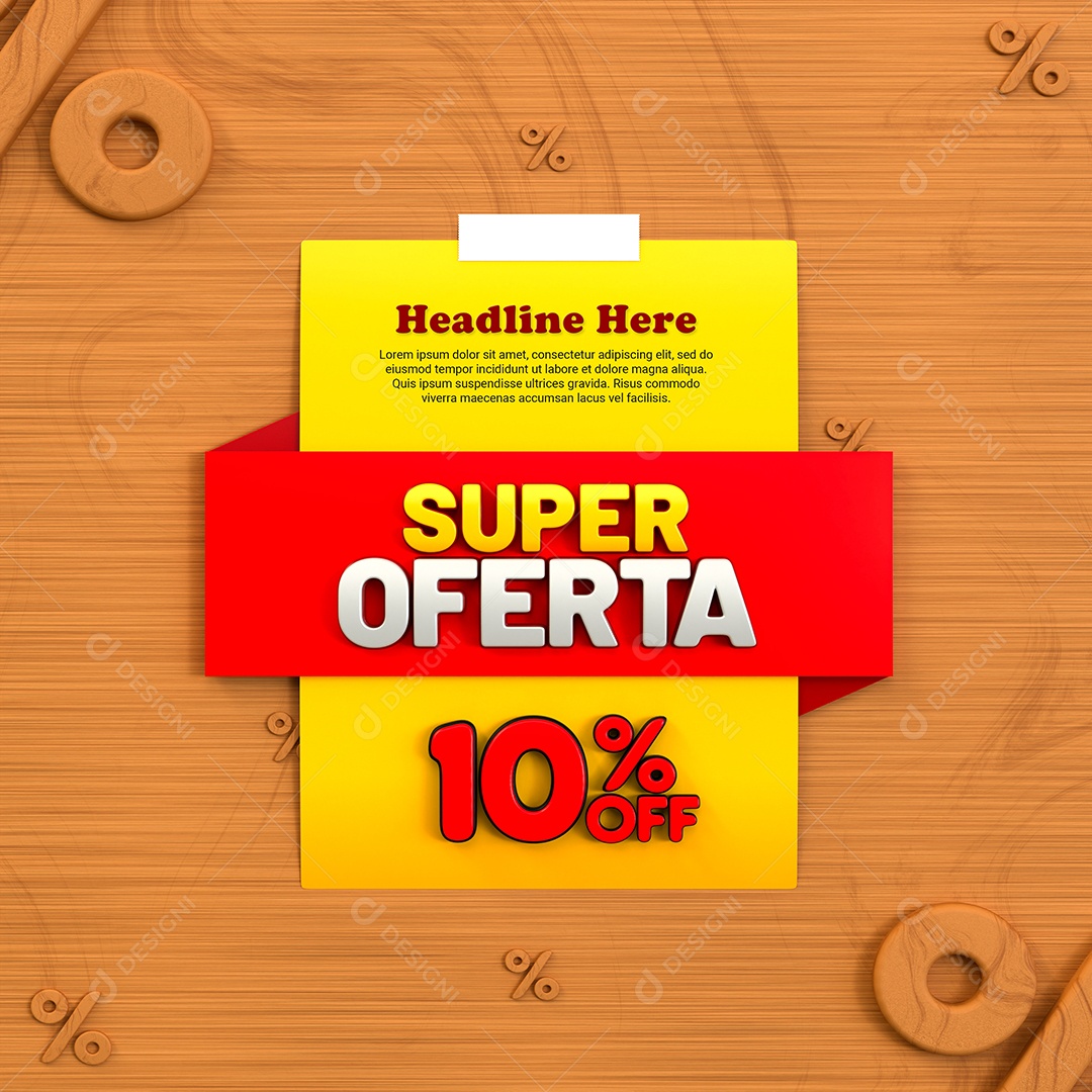 Super Oferta de 10% Off Selo 3D Amarelo e Vermelho para Composição PSD