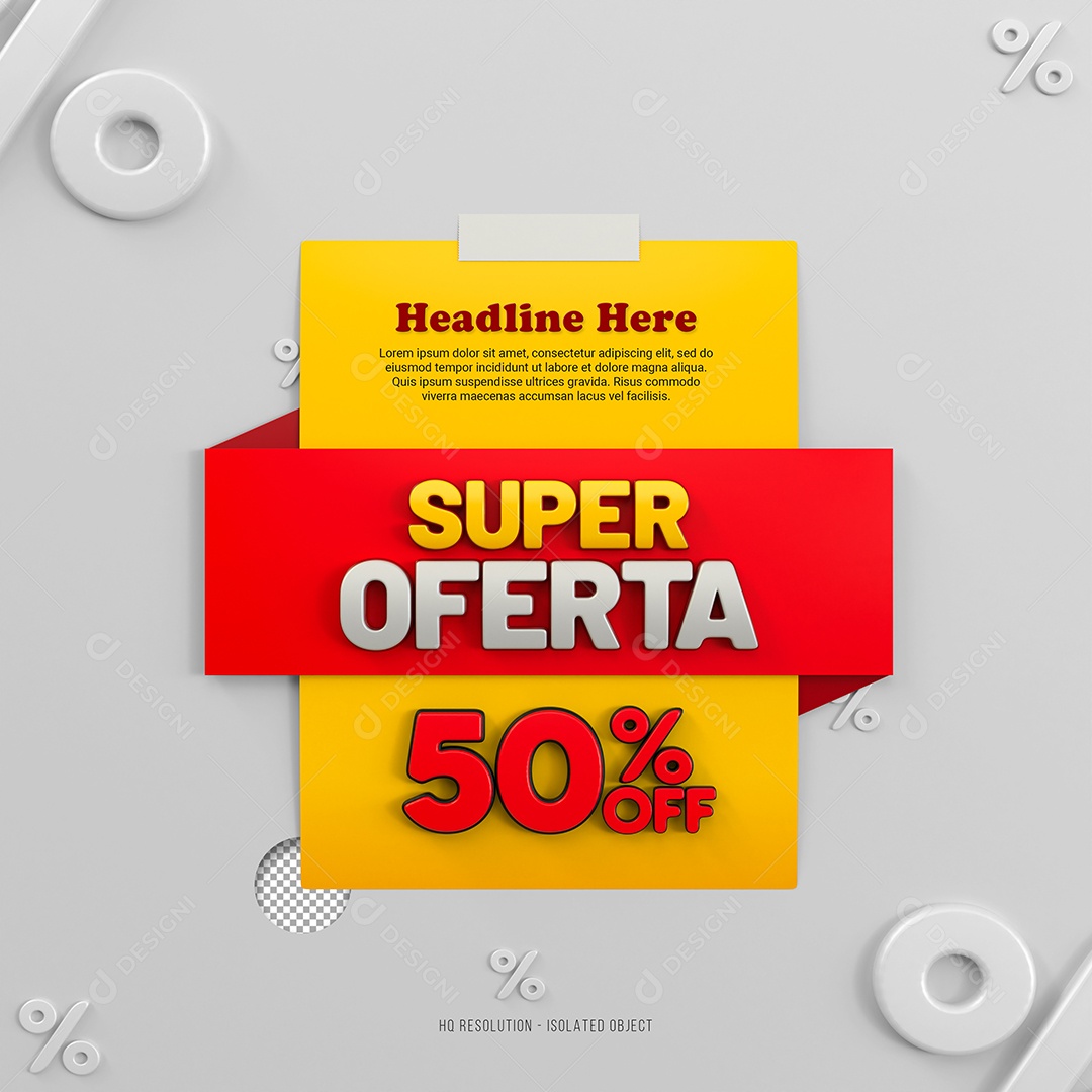 Super Oferta de 50% Off Selo 3D Amarelo e Vermelho para Composição PSD
