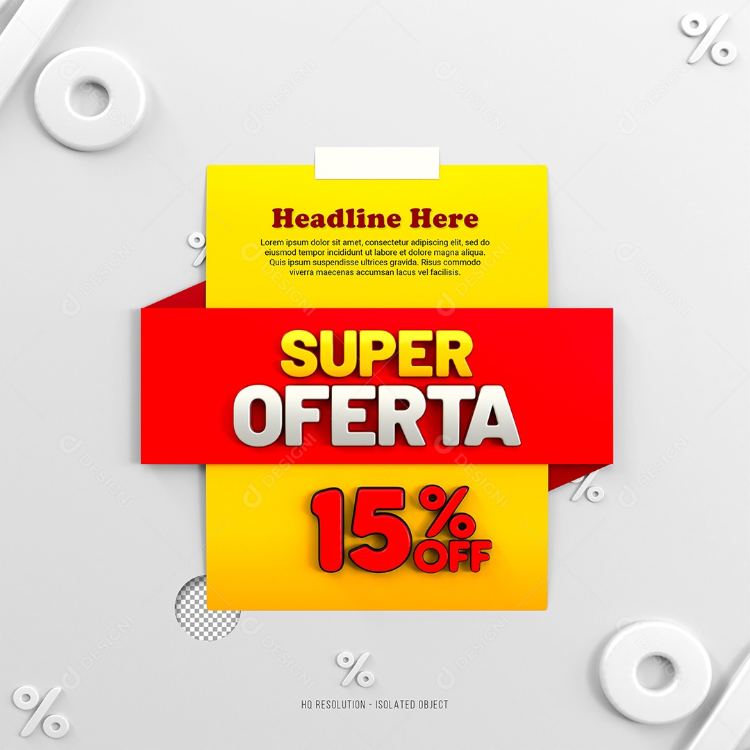Super Oferta de 15% Off Selo 3D Amarelo e Vermelho para Composição PSD